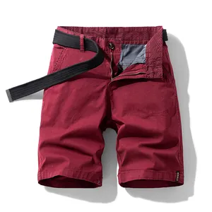 Men Summer Retro Elastic Cargo Shorts With Woven Belt Multi-Pocket Casual Loose Cotton Blend Twill Bottom Shorts