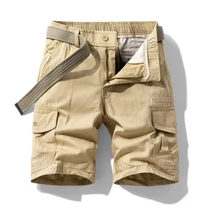 Men's casual khaki cotton cargo shorts with multi-pockets and woven belt for summer style