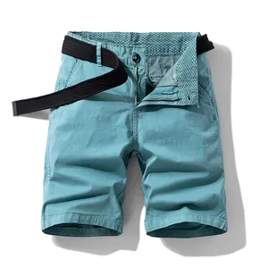 Premium summer vintage men's stretch loose cargo shorts in teal with a black belt