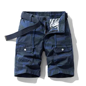 Premium men's blue camouflage tactical cargo shorts with multi-pockets and web belt included