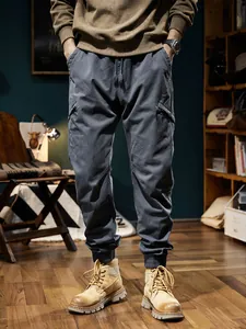 Men's outdoor mountain style gray jogger cargo pants with velvet lining for winter