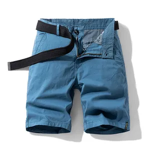Retro blue men's cargo shorts featuring an adjustable black belt and stretchable fabric