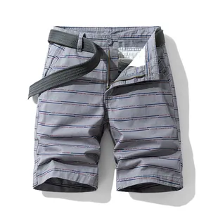 Men's Summer Casual Cotton Cargo Shorts Striped Print Loose Fit Work Shorts With Woven Belt Vintage Five-Point Pants Daily Wear