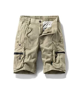 Front view of men's khaki cargo shorts featuring multiple pockets and drawstring waist
