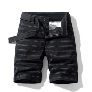 Men's black striped cotton cargo shorts with canvas belt for summer daily wear