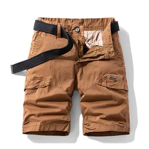 Short Cargo Homme en Coton Rétro Décontracté Extérieur Sport Coupe Large Multi-poches Avec Ceinture Tissée Polyvalent Été Pantalon