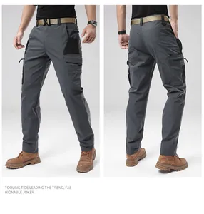 Durable men's grey outdoor tactical cargo pants with front and back multi-pocket design