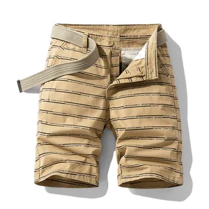 Men's khaki cotton striped cargo shorts with matching fabric belt and leisure pattern design