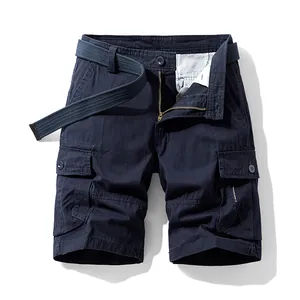 Classic men's retro navy cotton cargo shorts featuring multi-pockets and woven belt