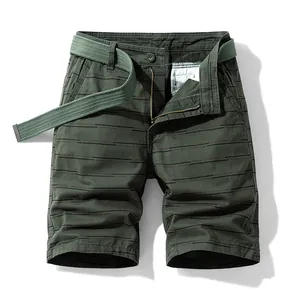 Men's striped olive green cotton cargo shorts with matching fabric belt accessory