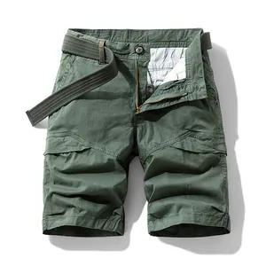 Short cargo vintage pour homme vert olive avec ceinture tressée et grandes poches
