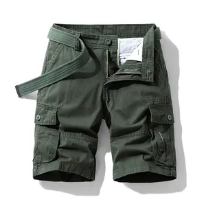 Men's retro cotton multi-pocket cargo shorts in army green with belt