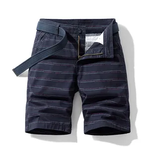 Classic men's navy blue striped pure cotton casual shorts including a matching woven belt.