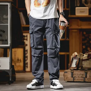 Men's high street blue-grey straight-leg cargo pants featuring multi-pocket design
