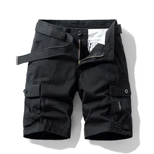 Classic black multi-pocket cargo shorts for men with matching woven belt for summer