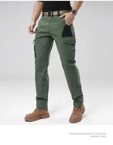 Detailed look at men's olive green outdoor tactical cargo pants with pockets
