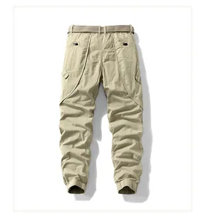 Professional back view of men's khaki stretch casual cargo pants with elastic cuffs and belt