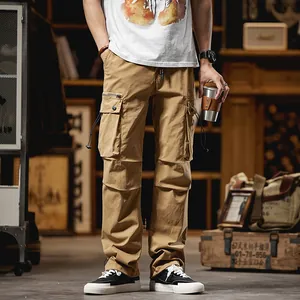 Classic American retro khaki cargo pants for men with multi-pockets and straight leg fit