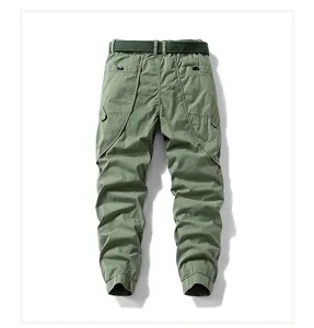 Rear view detail of men's olive green cargo pants with woven belt and elastic cuffs