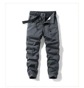 Full detail shot of men's dark gray Japanese style cargo pants with belt accessory