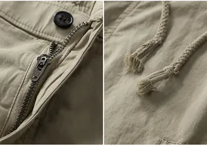 Detailed macro shot of metal zipper and drawstring on khaki cotton cargo shorts