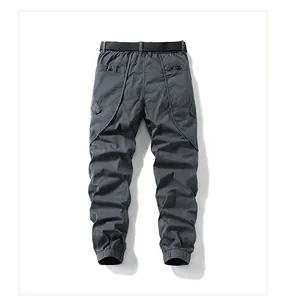 Back view of men's charcoal gray cargo jogger pants showing pockets and elastic cuffs