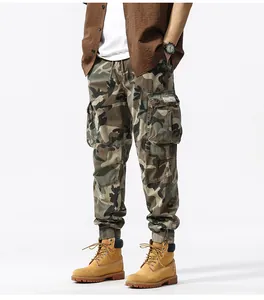 Detailed view of men's camouflage cargo pants showing fabric texture and pockets
