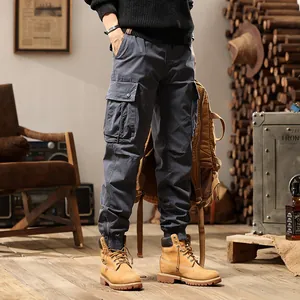Men's retro loose multi-pocket elastic cuff cargo pants in street outdoor style
