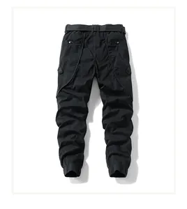 Detailed back view of black men's casual cargo jogger pants with belt and pockets