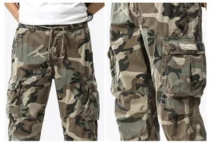 Detail view of men's camouflage cargo pants showing tactical pockets and waist drawcord.