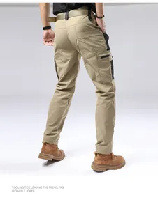 Detailed back view of men's durable khaki outdoor cargo pants with multiple pockets