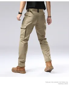 Detailed rear view of durable khaki outdoor tactical cargo pants for active men