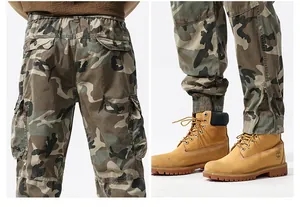 Close-up detail of men's camouflage cargo pants showing back pockets and zippered ankle cuffs