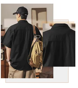 Close-up back view showing fabric detail of a black Japanese-style men's work shirt