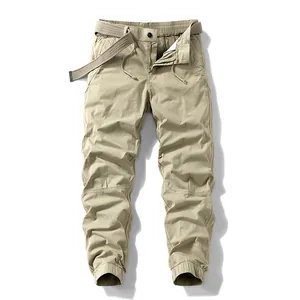Men Japanese Vintage Cargo Pants Elastic Waist Jogger Casual Trousers Cotton Blend Solid Color With Woven Belt Men Bottoms