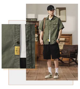 Detail of army green short-sleeve cargo shirt for men with vintage military style
