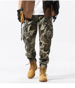 Detailed view of men's camouflage cargo jogger pants for outdoor casual wear style