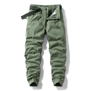 Men's olive green casual cargo pants with elastic waist and belt for daily outdoor wear