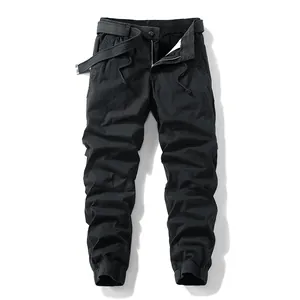 Men's black casual cargo joggers with adjustable belt and elastic cuffs