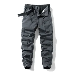 Men's charcoal gray casual cargo jogger pants with matching belt and drawstring cuffs.