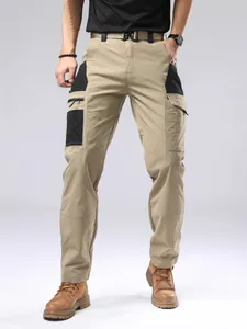 Men's durable khaki cargo pants featuring waterproof fabric and multi-pocket design