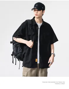 Men's black short sleeve workwear shirt in Japanese retro style with multi-pockets