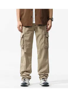 Classic American retro khaki multi-pocket cargo pants for men with heavyweight cotton fabric
