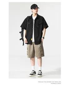 Men's vintage black short-sleeve cargo shirt with multi-pocket design for summer
