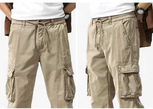 Detailed side and front view of men's vintage heavy multi-pocket khaki cargo pants