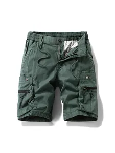 Professional men's green cargo shorts with elastic drawstring waist and multi-pocket design