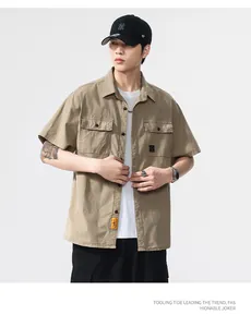 Vintage Japanese style men's short sleeve cargo shirt with multiple pockets in khaki