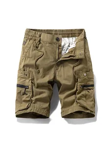 Men's khaki tactical cargo shorts with multi-pockets and elastic waist for summer wear