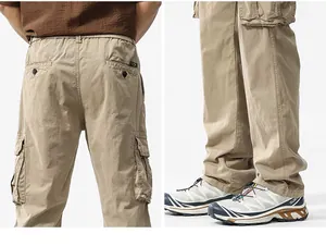 Detailed view of men's retro khaki cargo pants with back pockets and loose leg opening