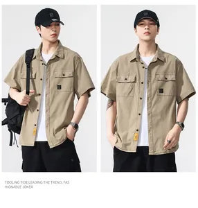 Retro khaki short-sleeved cargo shirt for men with double pockets on Asian model